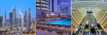 Jumeirah Emirates Towers, Hotel at Dusk, Pool and Elevators