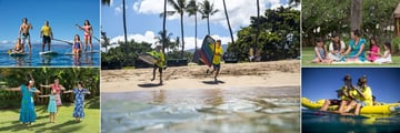 Outrigger Kaanapali Beach Resort, (clockwise from top left): Paddle Boarding, Surfing, Lei Making, Snorkel Tours and Hula Dancing Activities