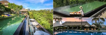 Kamandalu Resort & Spa, Ubud, (clockwise from left): Awana Pool and Lounge, Floating Breakfast or Lunch and Aira Cafe Poolside