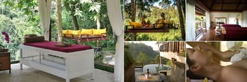 Kamandalu Resort & Spa, Ubud, (clockwise from left): Forest Spa Treatment Beds, Forest Spa Swing, Chaya Spa Treatment Beds, Treatment in the Spa and Private Yoga