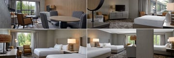 Clockwise from top left: Loft Suite, King Deluxe Guest Room, Family Suite and Queen Guest Room at Kananaskis Mountain Lodge
