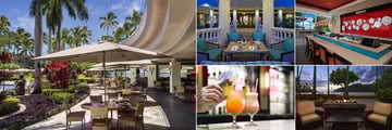 The Royal Sonesta Kaua'i Resort, (clockwise from left): Kukui's Restaurant at Kalepaki Beach, Gazebo Dining, Toro Tei Sushi Bar, Outdoor Dining Firepit and Kukui's Poolside Bar 