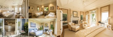 Kauri Cliffs, (clockwise from top left): Suite Bedroom, Deluxe Family Suite, Lodge Suite, Owner's Cottage Master Bedroom and Owner's Cottage Guest Room 