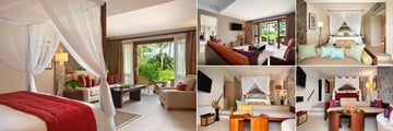 Kempinski Seychelles Resort Baie Lazare, (clockwise from left): One Bedroom Beachside Suite Bedroom, Living Room, Hill View Room, Deluxe Room and Sea View Room