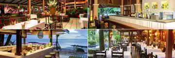 Khao Lak Merlin Resort, (clockwise from top left): Veranda Beachside Restaurant, Lobby Lounge, Tropical Garden and Beach Bar