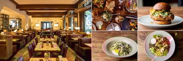 Kimpton Canary Hotel, (clockwise from left): Finch & Fork Restaurant, Shareable Plates, Chicken Burger, Chopped Salad and Egg with Asparagus 