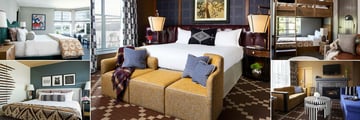 Kimpton Riverplace Hotel, (clockwise from top left): Columbia Bedroom, Riverfront Suite, Bunkalow Bedroom, Riverfront or Fireplace Suite Living Area and Mt. Hood Bedroom 
