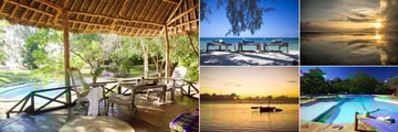 Kinondo Kwetu, (clockwise from left): Bungalow Veranda. Beach Beds, Ocean Spa Lodge at Sunset, Main Pool and Ocean Spa Sunset at Sunrise