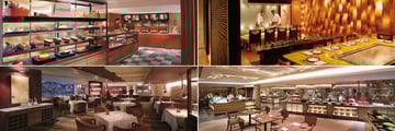 Kowloon Shangri La, (clockwise from top left): Deli Kool, Nadaman Teppanyaki Grill, Cafe Kool and Angelini