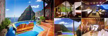 Ladera Resort, (clockwise from left): Hilltop Suite Pool, Grand Piton Suite, Heritage Suite, Hilltop Dream Suite and Rainbow Suite Pool