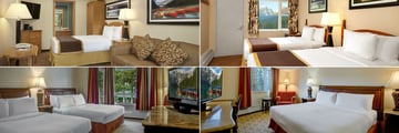 Lake Louise Inn, (clockwise from top left): Standard Room One Double, Standard Room Two Doubles, Deluxe Room One King and Deluxe Room Two Queens
