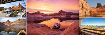Lake Powell Resort, (clockwise from top left): Housebout Upper Deck, Houseboat Beached, Kayaking, Resort View and Lake Powell