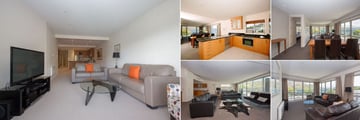 Lakeside Apartments, Wanaka, (clockwise from left): Deluxe Apartment Lounge, Designer Kitchens, Premier Apartment Dining Area, Premier Apartment Lounge and Penthouse Lounge