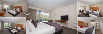 Lakeside Apartments, Wanaka, (clockwise from top left): Poolside Apartment Master, Premier Apartment Master, Penthouse Third Bedroom Twin, Twin Room and Penthouse Suite Master