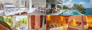 Laluna, (clockwise from top left): Five Bedroom Villa, Four Bedroom Villa Terrace and Pool, Deluxe Cottage and Beach Cottage Deluxe