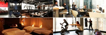 Le Germain Hotel Calgary, (clockwise from top left): Charcut Roast House Restaurant, Lounge Central 899, Fitness Room and RNR Wellness Spa
