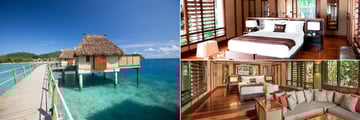 Over-Water Bure Exterior, Beachfront Bure Interior and Deluxe Beachfront Bure Interior at Likuliku Lagoon Resort