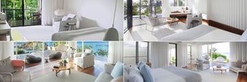 Lizard Island Resort, (clockwise from top left): Garden View Room, Ocean View Plunge Pool Villa, Beachfront Suite and The Pavillion 