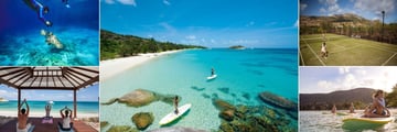 Lizard Island Resort, (clockwise from top left): Reef Expedition, Paddleboarding, Tennis, Board Yoga and Yoga Activities 