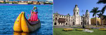 Local sailing along Lake Titicaca (left), and the Cathedral of Lima (right)