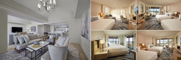 Loews Santa Monica Beach Hotel, (clockwise from left): Santa Monica Suite, Standard King, Premium Ocean View, Coastal View and Oceanfront King Suite