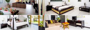 Lomani Island Resort, (clockwise from top left): Beachfront Pool Bure Bedroom, Beachfront Bure Bedroom, Hibiscus Suite Living Area and Deluxe Suite Bedroom