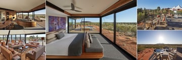 Longitude 131, (clockwise from top left): Dune Pavillion Lounge, Dune Pavillion Bedroom, Dune House Terrace, Dune Top Plunge Pool and Dune House Lounge  