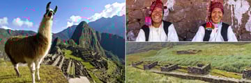 Llama near Machu Picchu (left), locals in Cusco (top right), and ruins in Peru (bottom right)