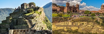 Discover fascinating Machu Picchu (left), Cusco's historical architecture (top left), and the Sinkunakancha Tipon ruins (bottom right)