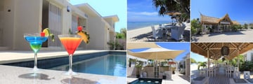 MAHAMAYA Boutique Resort, Gili Meno, (clockwise from left): Cocktails by the Pool, Dining on the Beach, The Restaurant, The Restaurant Deck and Swim-Up Bar
