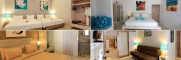 MAHAMAYA Boutique Resort, Gili Meno, (clockwise from top left): Family Suite, Villa Bedroom, Suite Living Area and Villa Bedroom