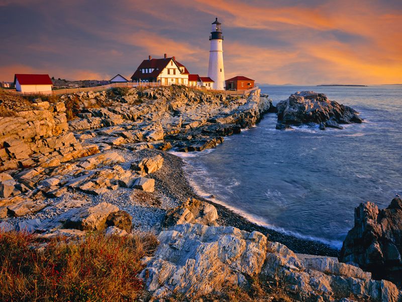 Maine Coastline and Lighthouse Sunset