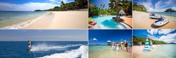 Malolo Island Resort, (clockwise from top left): Beach, Adult Only Pool, Jet Skis, Hobie Cat Sailing, Family Fun at the Beach and Water Skiing