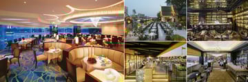 Mandarin Oriental, Bangkok, (clockwise from left): Lord Jim's Restaurant, Sala Rim Naam Terrace, Bamboo Bar, Le Normandie Restaurant and Ciao Terrazza