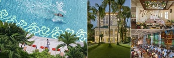 Mandarin Oriental, Bangkok, (clockwise from left): Pool, Authors' Wing, Thai Cooking School and Hotel Lobby