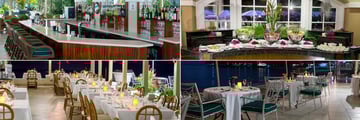 Mango Bay, (clockwise from top left): Julian Restaurant - Bar, Buffet, Deck and Interior