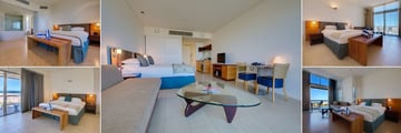 Mantarays Ningaloo Beach Resort, (clockwise from top left): Two Bedroom Bungalow, Standard Room, Superior Room, One Bedroom Bungalow and Two Bedroom Apartment Master Bedrooms 