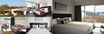Marlborough Vintners Hotel, (clockwise from top left): Garden View Suite Exterior, Garden View Suite Bedroom, Outdoor Bath Suite Bedroom, Vineyard View Suite Bedroom & Vineyard View Suite Living Area