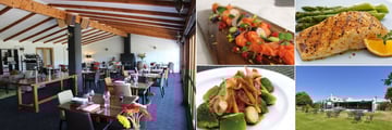 Marlborough Vintners Hotel, (clockwise from left): Vintners Room Restaurant, Salmon Dish, Salmon Dish, Restaurant Exterior and Lamb Dish