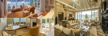 Matakauri Lodge, (clockwise from top left): Deluxe Suite Living Room, Owner's Lodge Lounge and Suite Lodge Living Room