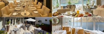 Matakauri Lodge, (clockwise from top left): Owner's Cottage Dining Table, Owner's Lodge Dining Tavle with View, Restaurant Dining with View and Restaurant Outdoor Area