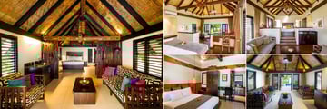 Matamanoa Island Resort, (clockwise from left): Beachfront Bure, Beachfront Villa Bedroom, Beachfront Villa Lounge, Beachfront Bure Lounge and Resort Room