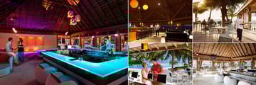 Meeru Island Resort & Spa, (clockwise from left): Dhoni Bar, Asian Wok, Meeru Cafe, Dhoni Bar in Daytime and Hot Rock Bar