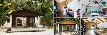 Meeru Island Resort & Spa, (clockwise from left): Jacuzzi Beach Villa Exterior, Jacuzzi Beach Villa Interior, Garden Room, Beach Villa Interior and Beach Villa Exterior
