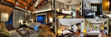 Meritus Pelangi Beach Resort & Spa, (clockwise from left): Beachfront Room, Garden Room, Bathroom, Lake Front Room and Pelangi Suite