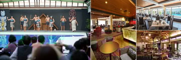 Millennium Hotel, (clockwise from left): Feast & Revue - Dining and Maori Revue Concert, Bar Zazu, Brassierie Poolside Restaurant and Restaurant Nikau