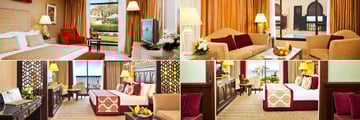 Miramar Al Aqah Beach Resort, (clockwise from top left): Al Bawadi Suite, Al Qasr Suite, Family Room and Al Dana Suite