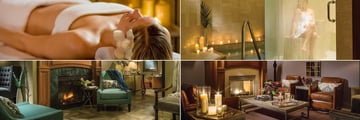 Mirror Lake Inn Resort and Spa, (clockwise from top left): Spa Massage. Spa Sauna and Pool, Spa Men's Lounge and Spa Women's Lounge