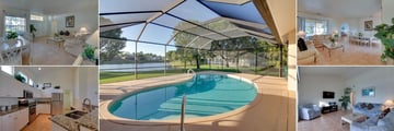 Naples Area Pool Homes, (clockwise from top left): Living Area, Pool, Living Area, Living Room and Kitchen 