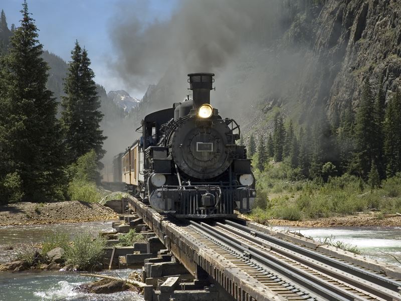 Narror gauge train river crossing, en-route to Silverton